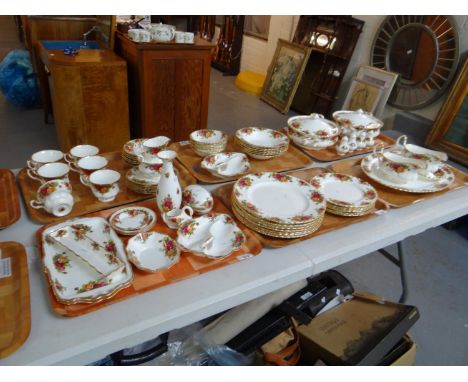 Six trays of Royal Albert 'Old Country Roses' design English bone china to include: various plates, lidded tureens, bowls, te