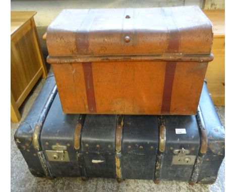Vintage tin trunk together with a vintage fibre wooden and metal banded trunk.  (2)  (B.P. 21% + VAT) 