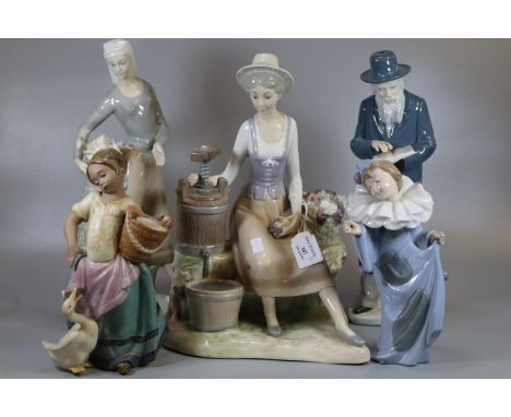 Collection of five Lladro, Nao and Spanish porcelain figurines, various to include: matt finish Lladro figure of a young girl