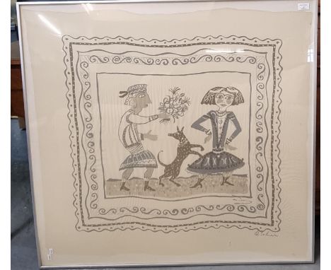 Andre Derain (French, 1880-1954), 'The Lovers - Boy and Girl', signed, screen print on silk.  Overall 85x100cm approx.  Frame