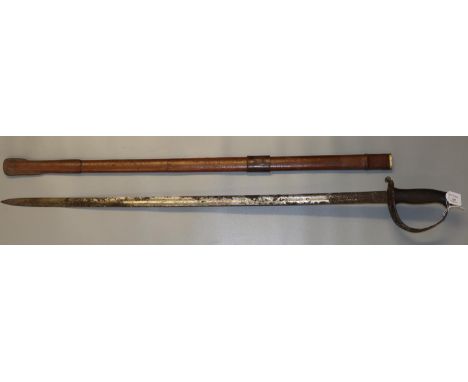 Victorian British Army Officer's sword with pierced steel hilt, leather covered grip and leather covered scabbard. Scabbard 8