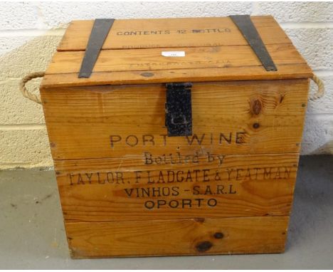 Vintage pine and metal banded Port wine box bottled by Taylor. F Ladgate and Yeatman Vinhos - S.A.R.L. Oporto with rope twist