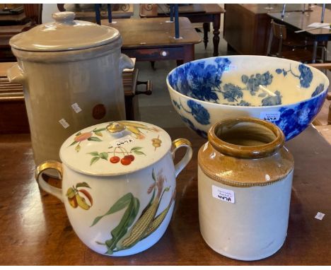 Collection of ceramics to include: utensils jar, stoneware lidded jar, Royal Worcester Evesham jar and cover and Doulton Burs