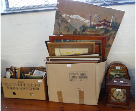 Two boxes of assorted furnishing pictures together with a modern Acctim quarts bracket clock and another walnut finish two tr