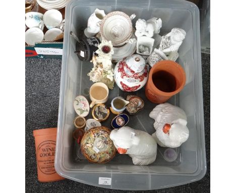 Box of china to include: seated Staffordshire spaniels, terracotta wine coolers, various continental and other porcelain trin