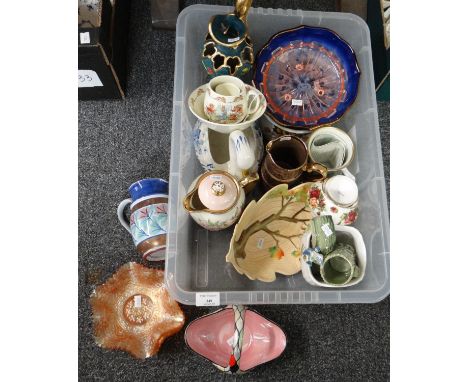 Box of china and glassware to include: carnival glass bowls and a moulded glass trinket tray, Maling England harlequin design