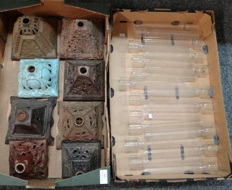 Box of clear glass oil lamp chimneys; some marked with 'Fort Brand, best fireproof Prussian crystal'. Together with a box of 