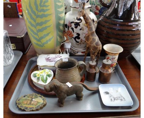 Tray of assorted items to include; cast metal dog shaped nutcracker, Spode 'Country Lane' design heart shaped trinket box, ca