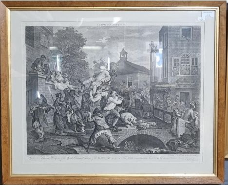 William Hogarth 'Chairing the Members', uncoloured engraving. 40x54cm approx. Framed and glazed. (B.P. 21% + VAT)  The engrav