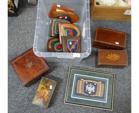 Box of treen and other items to include: two wooden tea caddies; one with inlaid shell design, a wooden musical box, jeweller