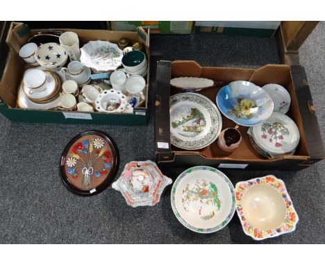 Two boxes of assorted items to include: oval pottery plaque with floral design by Gabriel Sweden, pagoda shaped lidded pedest