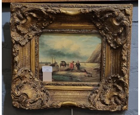 After the Antique, figures on a beach, coloured furnishing print in heavy gilt frame.  19x24cm approx.  (B.P. 21% + VAT) 