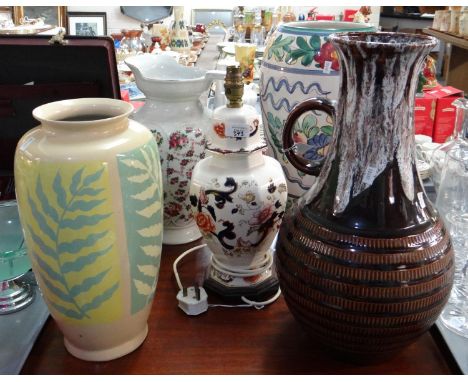 Five large ceramic items to include: a Mason's Ironstone 'Mandalay' design table lamp base, two large art pottery floor vases