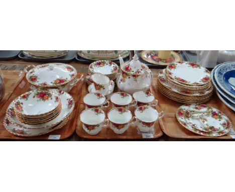 Three trays of Royal Albert 'Old Country Roses' English bone china design items to include: teacups and saucers, plates, teap