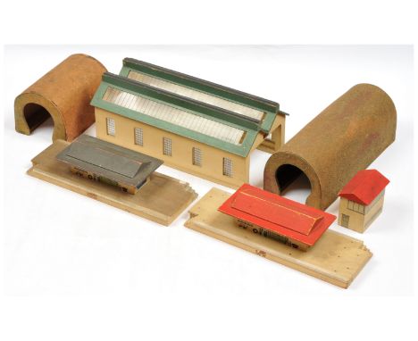 Hornby - Meccano OO Group of wooden trackside items. Comprising 2x Goods Depot, Twin Track Engine Shed, Signal Cabin, 2x Tunn