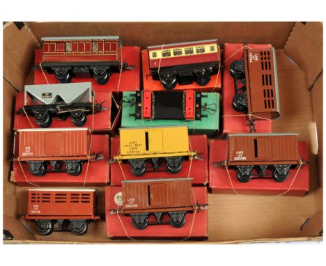 Hornby O Gauge group of mainly boxed wagons &amp; coaches. To include LMS Insul Meat van, Grey Hopper wagon, LMS Passenger Br