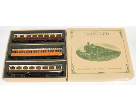 Darstaed O Gauge Modern Issue Dealers Presentation 3-coach set. Consists of 2 x Clerestory roof Passenger Coaches, Brake 3rd 