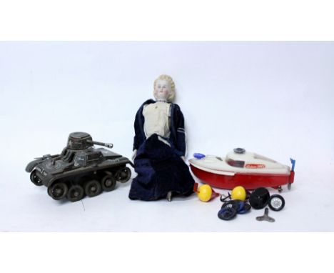 AN OLD TIN PLATE GAMA TOY TANK  16.5cm long together with a boxed Schuco Teleco 3004 remote control boat toy and an antique b