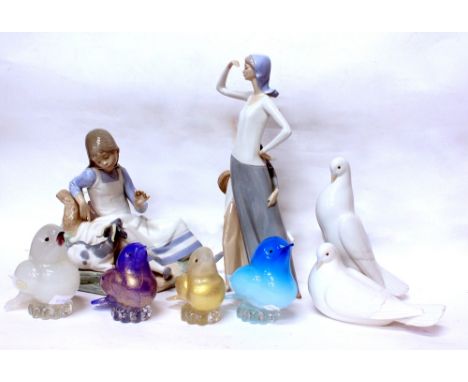 A NAO FIGURINE of a girl and a goat together with further Nao and Murano glass birds (8)