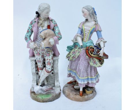 A PAIR OF MEISSEN PORCELAIN FIGURES OF MUSICIANS the lady playing a hurdy gurdy, the gentleman a set of bagpipes, each with c