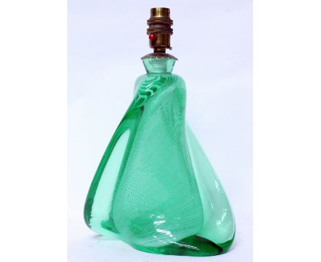A MID 20TH CENTURY GREEN ART GLASS LAMP BASE of spiral form 30cm in height 