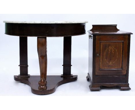 A VICTORIAN DEMI LUNE CONSOLE TABLE  with a white marble top 90cm wide x 46cm deep x 68cm high together with an Edwardian mah