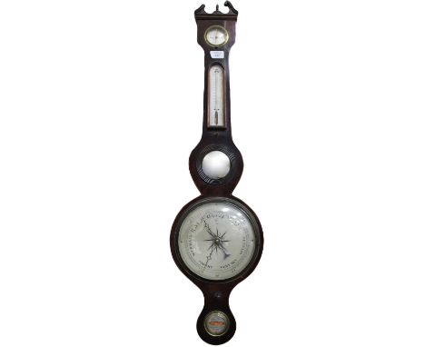 A 19TH CENTURY MAHOGANY CASED WHEEL BAROMETER with swan neck pediment above a hydrometer, thermometer, convex mirror, baromet