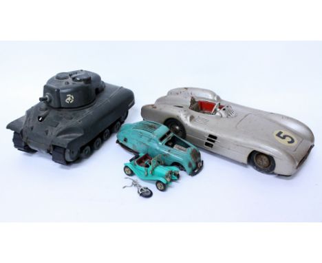 A COLLECTION OF VINTAGE TOY CARS to include a Tri-Ang Minic Toys car, a Western German made Mercedes race car and a quantity 