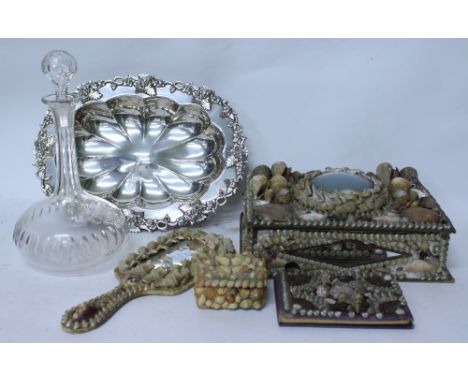 A VICTORIAN WALNUT FRAMED POT STAND with beadwork decoration together with four shell decorated items to include a hand mirro