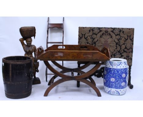 A LATE 20TH CENTURY BURR WOOD TRAY TOP TABLE  with folding sides 84cm wide together with a modern three tier wall shelf, an o