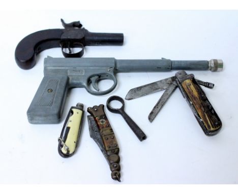AN ANTIQUE HORSEMAN'S MULTI TOOL FOLDING KNIFE with an Antler grip 10cm in length, a 19th Century Holland Burford pocket pist