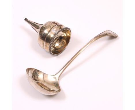 A SILVER SOUP LADLE with makers mark GE over AE, approximately 227 grams in weight together with a Georgian silver wine funne