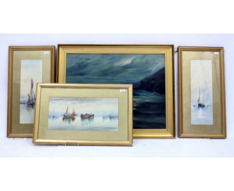 B * S * B * Sailing ships in tranquil waters, a pair, one signed, watercolours, 52 x 18cm; and one further similar by the sam