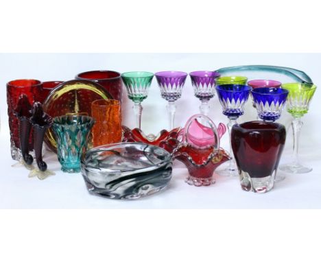 A SET OF EIGHT BACCARAT, FRANCE, COLOURED HOCK GLASSES each 19cm in height, further coloured glassware to include Whitefriars