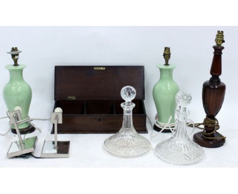 A PAIR OF GREEN GLAZED CERAMIC TABLE LAMPS together with a carved wooden table lamp, a box, two wall lights and a pair of shi