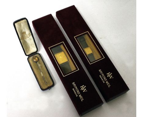 TWO RAYMOND WEIL GENEVE BOXED WRIST WATCHES and a white metal stick pin in case (3)