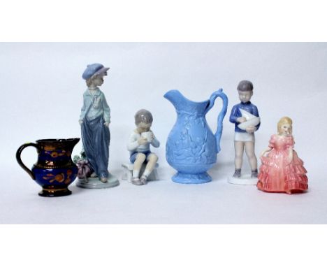 TWO BING & GRONDAHL DANISH PORCELAIN FIGURINES a Lladro figurine, a Royal Doulton figurine and two pottery jugs (6)