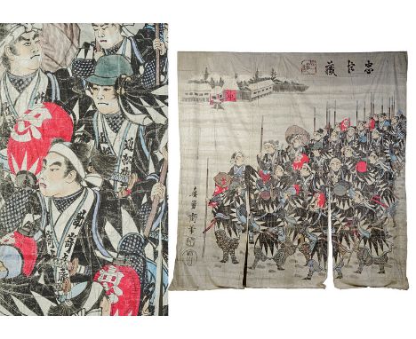 dating: 19th Century provenance: Japan Finely painted in polychromy on white cloth (silk?). Depicting a group of armed bushi 