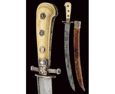 dating: 18th Century provenance: Germany Wide, curved, single-and false-edged blade with "T"-back; silver hilt decorated with