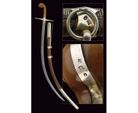 dating: circa 1800 provenance: Turkey Curved, flat, wootz damask, single-edged blade; silver hint featuring English stamps; t
