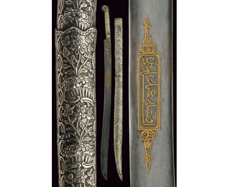 dating: 19th Century provenance: Turkey Slightly curved, single-edged blade, with a damask fuller at the centre. Gold-inlaid,