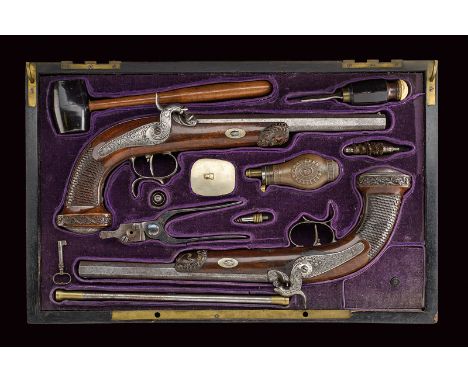 dating: mid-19th Century provenance: France Octagonal, rifled, 12 mm cal. barrels of fine damask, marked "DAMAS TURC SUPERFIN