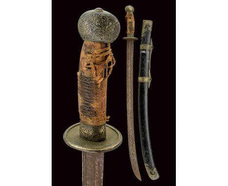 dating: circa 1900 provenance: China Curved, single -and false-edged balde with double groove; brass hilt engraved with flora