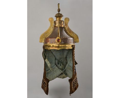 dating: 19th Century provenance: China Painted, cardboard skull of conical shape, decorated with gilt-brass mounts, carved an