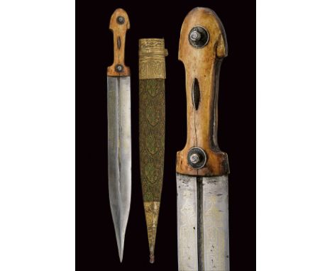 dating: early 20th Century provenance: Caucasia Straight, double-edged blade with groove and brass-inlaid, Arabic writings at