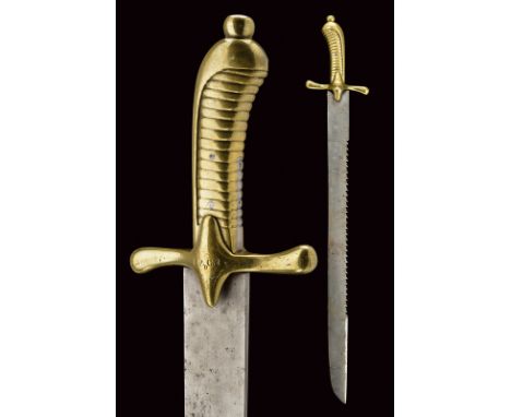 dating: mid-19th Century provenance: Germany Straight, single-and false-edged blade with saw-back and long tang. Solid brass 