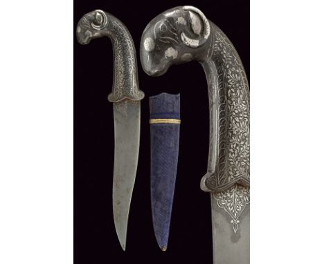 dating: circa 1900 provenance: India Slightly curved, double-edged blade, the base decorated with silver floral motifs; iron 