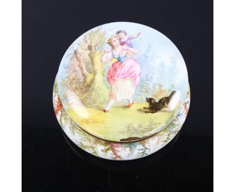 A 19th century French enamel on metal powder box, hand painted lid depicting a woman with child and dog, diameter 11cm, A/FLi