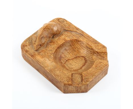 A Robert "Mouseman" Thompson carved oak ashtray, length 10cmSome watermarks in bowl and around mouse. 