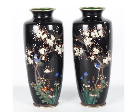 A pair of fine Japanese cloisonne enamel vases, Meiji Period, with fine silver wirework inlay depicting birds in blossom tree